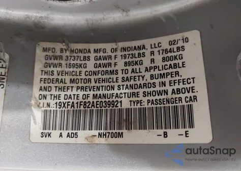 2010 Honda Civic Ex z USA, uszkodzony, nr VIN 19XFA1F82AE039921